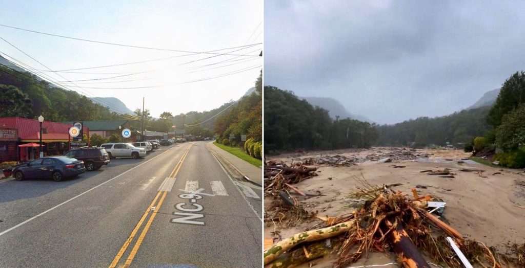 Chimney Rock, NC before and after Hurricane Helene. 