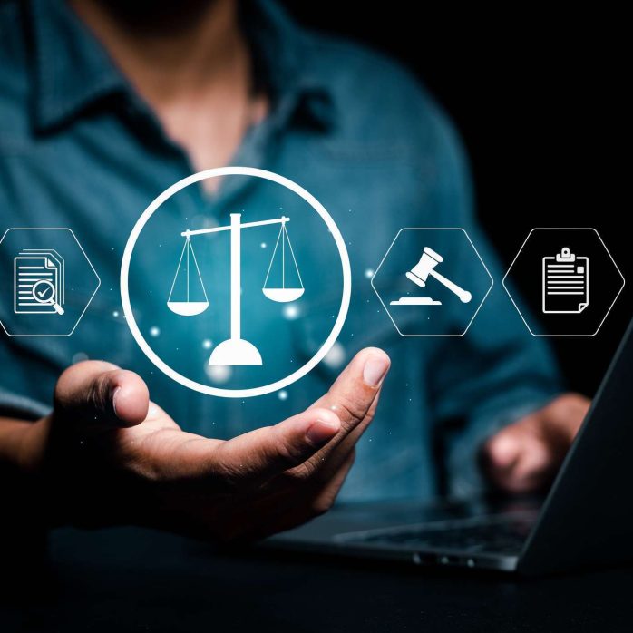 Justice and legal concept, businessman with law icon, paperwork expert consulting, business law, labor law.